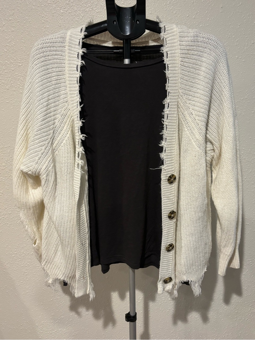 Women's Cream Distressed Open-Front Knit Cardigan